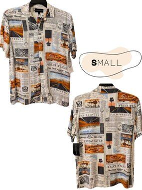 Route 66 Newspaper Print Button Up Shirt Small Indie Western NWT